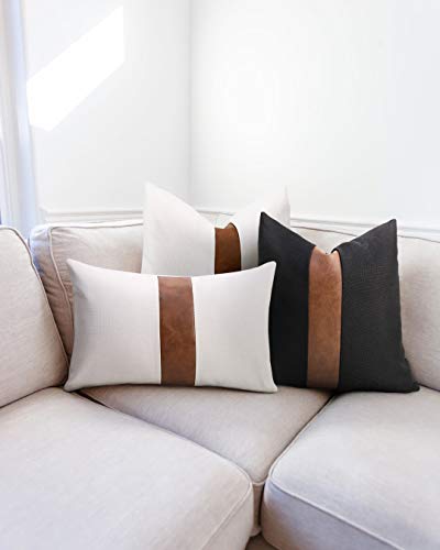Cygnus Set Of 2 White Linen Patchwork Faux Leather Throw Lumbar Pillow Covers For Couch Living Room Bedroom,Modern Accent Decor Lumbar Covers 12X20 Inch thumb #3