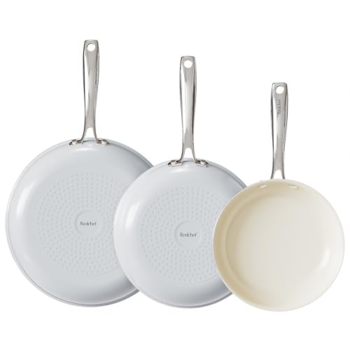 Redchef Ceramic Non Stick Egg Pans, Nonstick Frying Pan Skillet, 8 inch Cooking Pan Non Toxic with Stay Cool Handle for Induction, PTFE & PFAS & PFOA Free, Dishwasher/Oven Safe (Beige White)