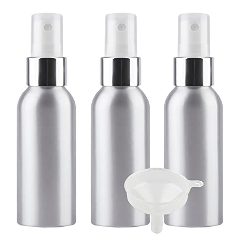 TIANZD 3 Pcs 100ml Empty Silver Aluminium Fine Mist Spray Bottle with White/Silver Metal Spray Head Refillable Travel Alu Bottles for Body Sprays, Room Fragrances, Perfumes, Hair, Garden, Funnel