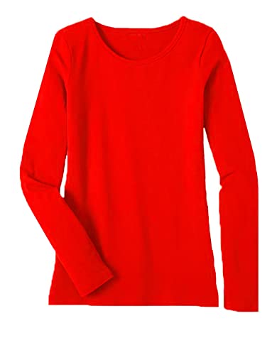 Image of Women's Ladies Long Sleeve T-Shirt Ladies Plus Size Round Neck Stretchy Plain Fitted Basic Jersey Casual Tee Top. Red