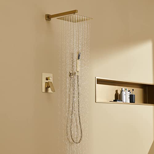 Ensemble de douche pluie 25cm et douchette main avec robinet mural dore - 4