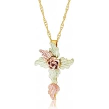 Black Hills Gold Jewelry 10k Yellow Gold 3D Rose Cross Pendant Necklace for Women, Teen Girls, 12k Green and Rose Gold Flower Accents with Jewelry Box and 18 Inches Chain