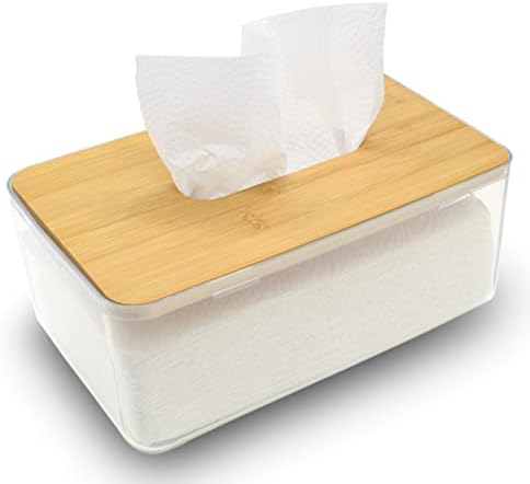 Tissue Holder, Facial Tissue Dispenser Box with Bamboo Wood Lid, Transparent Container, Modern Minimalist Design. Napkin Organizer for Bathroom, Bedroom, Living Room (Large)