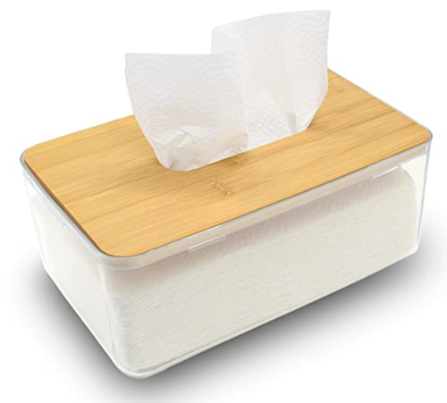 Tissue Holder, Facial Tissue Dispenser Box With Bamboo Wood Lid, Transparent Container, Modern Minimalist Design. Napkin Organizer For Bathroom, Bedroom, Living Room (Large) #TOP3