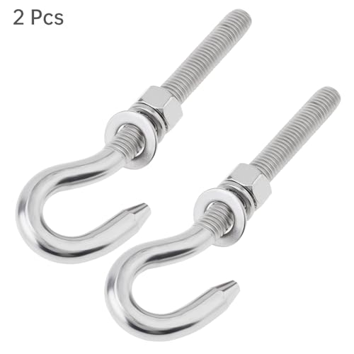 Image of 2Pcs M12 Stainless Steel Eye Bolt with Nut and Washers Long Shank Threaded Rod Round Hook Eyelet Bolt Screw (Hook Head)