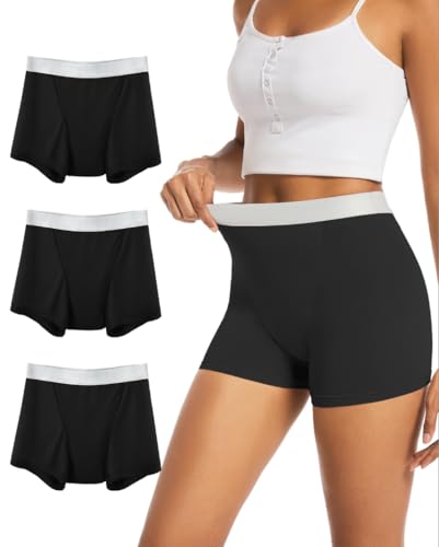 TIICHOO Periodenunterschwäsche Starke Blutung über Nacht Boxershorts Waschbare Inkontinenz Slip Damen 3er Pack(Medium, 3 Schwarz)