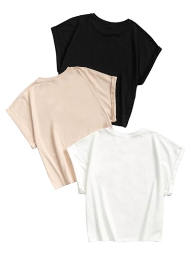 WDIRARA Girl's 3 Piece Short Sleeve Round Neck T-Shirt Basic Solid Casual Tee Shirt Crop Tops2