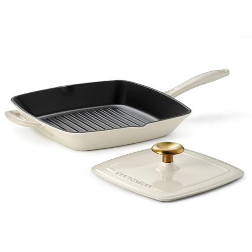 Tramontina Bestow Enameled Cast Iron Grill Pan with Press, 11-inch, Latte with Gold Knob
