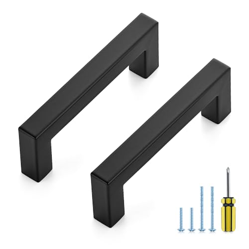 Image of Ravinte 10 Pack Kitchen Matte Black Cabinet Handles 3-3 /4 Inch Hole Center Stainless Steel Square Cabinet Pulls for Dresser Drawer Cupboard Handles with Screwdriver