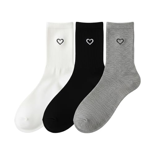 AIKOBAA 3-Pack Unisex Crew Socks with Heart Design, Black White Grey Cotton Blend Mid-Calf Socks for Men & Women (Fits UK 4-8)