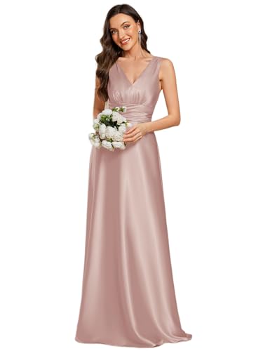 Image of Ever-Pretty Women's Spring Satin V Neck Formal Wedding Guest Dress Floor Length Empire Waist Prom Dresses with Pockets