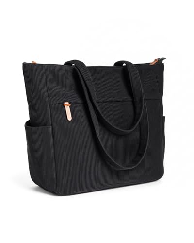 szyanlai Corduroy Tote Bags for Women Large Tote Bag with Zipper Shoulder Bags Handbags for College School Work Shopping Travel (Black)