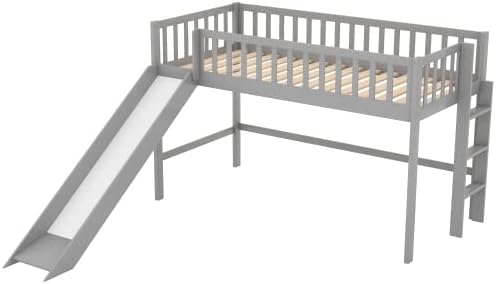 Miniatura 14 de Cama tipo loft de tamaño individual baja con tobogán para niños, cama alta con escalera y barandilla de seguridad, mini cama alta de madera de