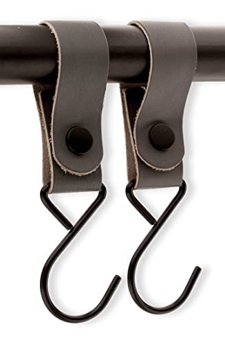 Brute Strength - Leather Straps With Hooks - Gray - 12X - Full Grain Leather - Mommy Hook - Stroller Clip - Bag Hook - Leather Hooks - Leather S Hooks - Black S Hooks - Similar To S-Hooks #TOP4
