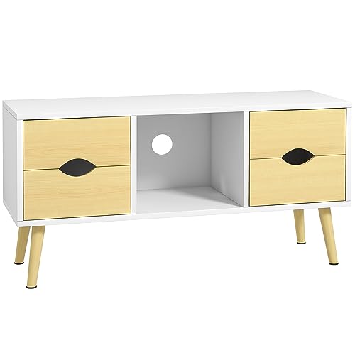 HOMCOM Meuble TV Banc TV Meuble de télévision jusqu'à 40 Pouces Pieds en Bois Massif Style scandinave 4 tiroirs 1 Niche Centrale Passe-câbles 90 x 30 x 46 cm Naturel Blanc