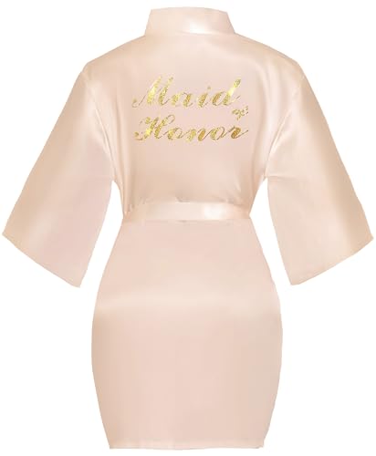 Lovasy Bride Bademantel Damen Kurz Sexy Kimono Leicht Satin Morgenmantel für Teams Braut Hochzeit、Poolparty und Pyjamaparty,Champagner,XL