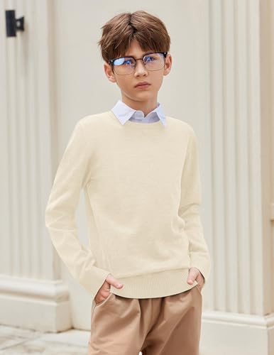 Arshiner Strickpullover für Jungen Langarm Herbst Winter Junge Basic Einfarbig Pullover Schooluniform Stricken Sweater Langarmshirt für Kinder Rundhals Beige 150