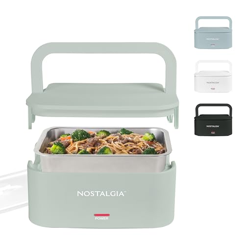 Nostalgia 32-Ounce Heated Electric Lunch Box – Travel Size 4 Cup Capacity for Soup, Pasta, and Leftovers – Leak-Proof Silicone Sealed Lid, Foldable Carry Handle, Detachable Cord – Sage