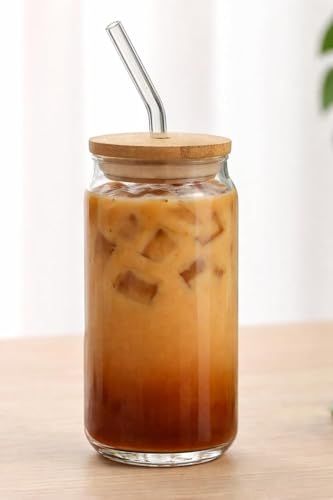 Image of 400ml Glass Sipper Mug with Leather Grip Sleeve - Leak-Proof Lid & Straw | Reusable Tumbler for Hot & Cold Beverages, Water, Juice, Coffee | Home, Bar, Office Use (Wooden LID CAN)
