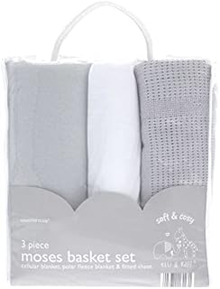 Soft & Cosy 3 Piece Moses Basket Set - Grey - Cellular Blanket Polar Fleece Blanket and Fitted Sheet Pack