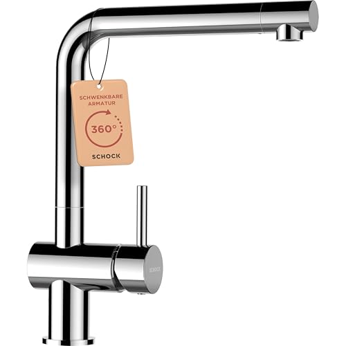 SCHOCK® Küchenarmatur EPOS Chrom I Niederdruck Armatur mit Festauslauf I 360° drehbarer Einhebelmischer I Chrom-Armatur für die Küche I Flexible Anschlussschläuche I Spültischarmatur modern