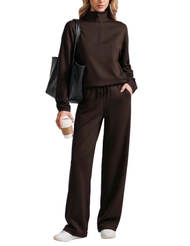 PINSPARK 2 Piece Sets for Women Half Zip Lounge Sets Tracksuit Fall 2026 | Stand Collar, Kangaroo Pocket, Wide Leg Pants, Drawstring, Relaxed Fit, Travel Airport Casual, Soft Lightweight Matching Set