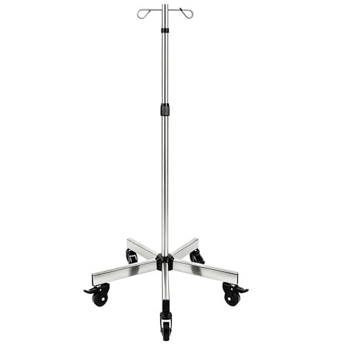 IV Poles IV Stands Portable Rolling 2 Hook 5 Legs Adjustable Height with Brake Wheels, Mirror Finished Stainless Steel