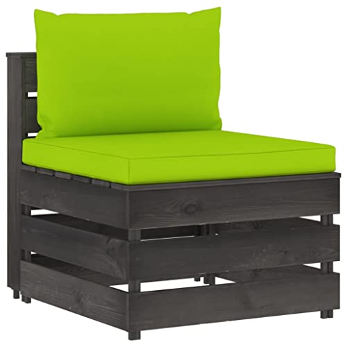Zentexion Sofá central modular de madera de pino tratada a presión gris con cojín acolchado verde brillante 60 x 70 x 66 cm para exterior, jardín, terraza, salón, combinable, ampliable