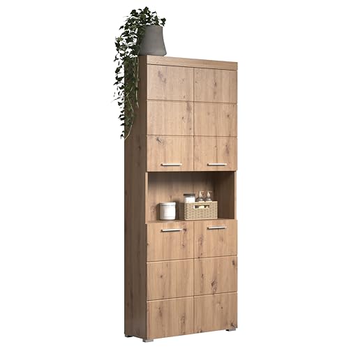 trendteam smart living - Amanda - Hochschrank - Eiche - Badezimmerschrank breit mit 4 höhenverstellbaren Einlegeböden - (BxHxT) 73 x 190 x 31 cm - 8 Fächer und eine große Ablage