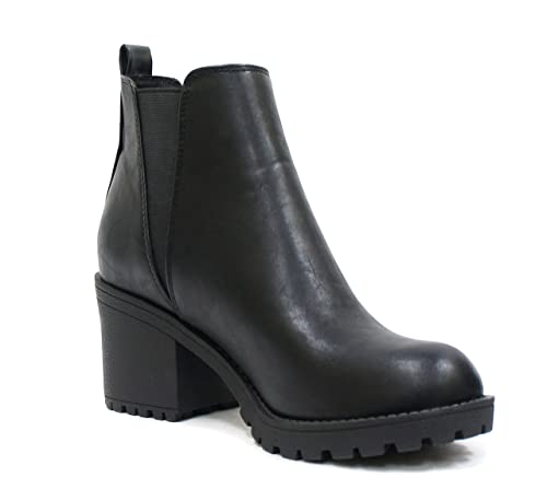 Soda Origami ~ Women Lug Sole Mid Heel Fashion Ankle Bootie W/Double Elastic Gore (7.5, Black, Numeric_7_Point_5) #TOP3