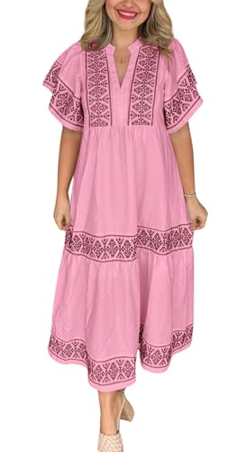 Image of chouyatou Women's Summer Printed Floral Dress Casual Notch Neck Cotton Midi Long Mexican Tunic Dress