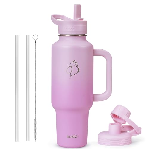 BUZIO 40 oz Water Bottle Fits in Cup Holder, Insulated Tumbler with Handle, Water Flask with Lid for Cold Hot, Sweat-Proof Wide Mouth Travel Mug for S