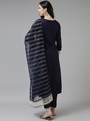 Image of INDO ERA Women Pure Cotton Navy Blue Kurta Set