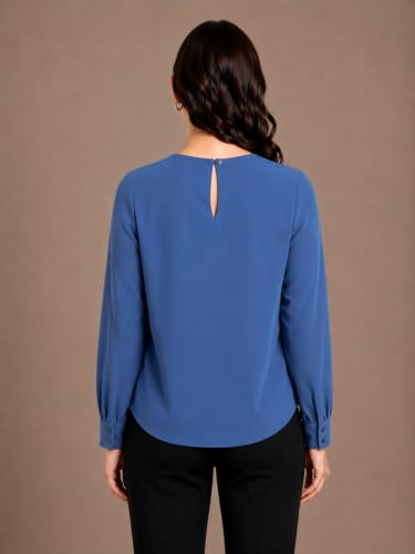 Image of Mirana Women's Full Sleeve Solid Top | Round Neck Pleated Front Regular Fit Office Casual Blouse with Button Cuffs