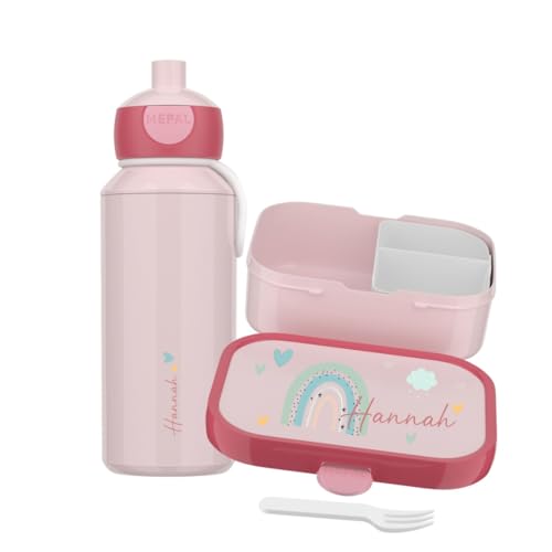 Mepal Set Brotzeitdose & Trinkflasche personalisiert Brotdose Kinder mit Fächern Lunch Box & Wasserflasche mit Name auslaufsicheres Bento Box Set mit buntem Aufdruck Regenbogen (pink)