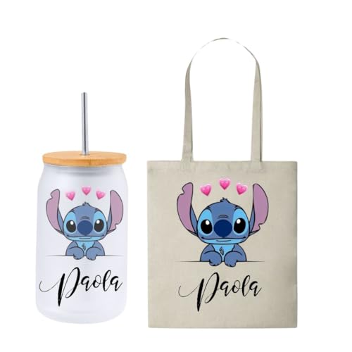 LA CASA DE LA TAZA | Pack Tote Bag y Vaso de Cristal Personalizados con Foto de Stitch y Nombre | Regalos Personalizados para Mujer y Fans | Bolsa Playa | Cosas de Stitch | Ideal Para Regalos