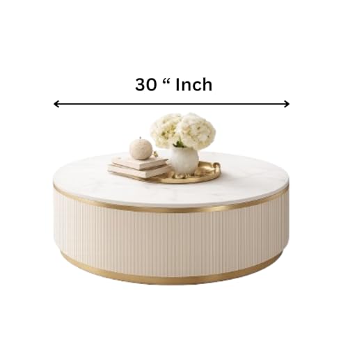 Image of WOODEN SPACE Premium Luxury Royal Pearl Marble-Top Coffee Table with Iron Legs & PVD Coating | Modern Round Wooden Center Table for Living Room & Entryway (Ivory, 30 Inch)