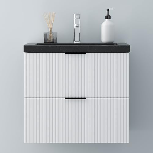 Biubiubath Badmöbel-Set Weiß Matt 60cm Schwarz Mineralguss Waschtisch mit Unterschrank Badezimmerschrank mit Softclose-Schubladen geriffelte Schubladentüren