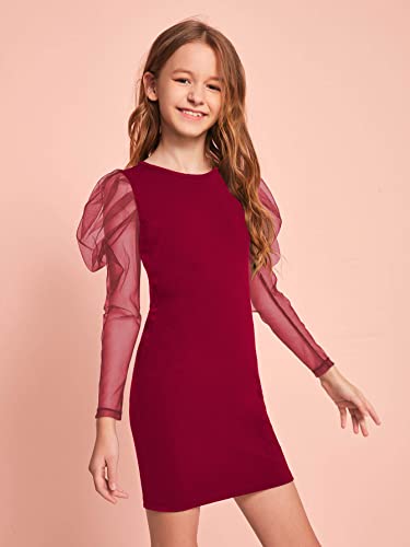 WDIRARA Girl's Sheer Mesh Puff Long Sleeve Round Neck Bodycon Mini Dress3