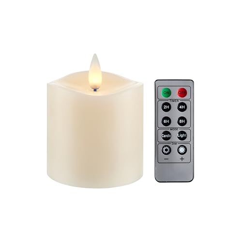 Image of Flameless LED Pillar Candles Flickering with Remote Timer, Battery Operated LED Candles Up to 400 Hours, 3D Moving Flame Real Wax Candles. (Ivory-1pack-3x3)