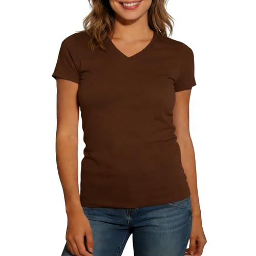 KikizYe Women's Breathable Cotton V Neck T-Shirt Brown Short Sleeves Basic Tee Summer Fashion Tops Tees Size Large