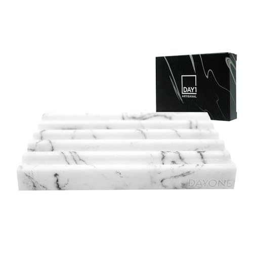 DAY1 Marble Soap Dish Tray – Bathroom Sink Soap Holder, Vanity Tray, Brush Organizer, Decorative Resin Dish for Kitchen, Countertop, Bathtub, Bar Soap, Sponges, Paint Brushes (White)