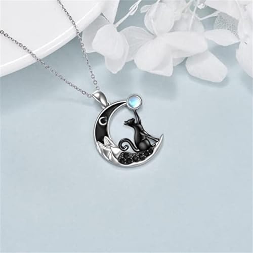 MALOYANVE Celtic Moon Black Cat Necklace Cute Animal Kitten Vintage Handmade Crystal Moonstone Sterling Silver Pendant Necklace Jewelry for Women Cat Lovers4