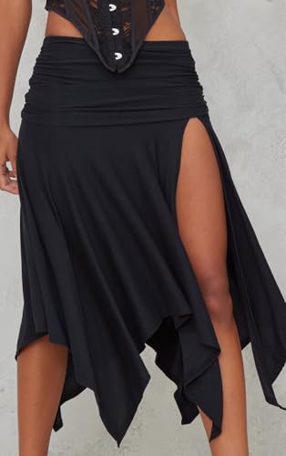 PrettyLittleThing Black Soft Touch Ruched Asymmetric Midi Skirt4