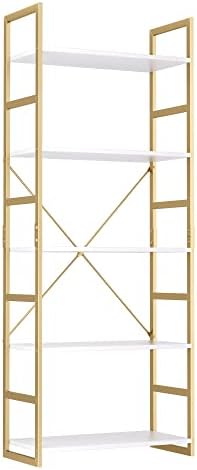 FINETONES 5 Tier Bookshelf, Industrial Gold Bookcase with Metal Frame, Modern Display Shelves Plant Flower Stand Rack for Bedroom Living Room Home Office, White and Gold