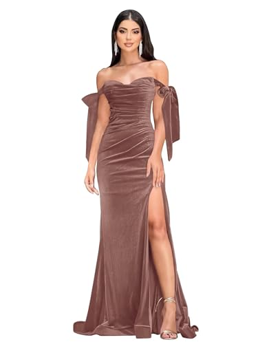 Off Shoulder Bridesmaid Dresses Velvet Ruched Mermaid Long Formal Wedding Guest Gowns with Slit