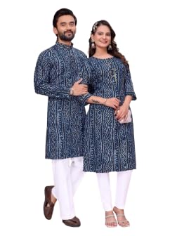 Bandhani Foil Print Couple Combo | Men’s Kurta & Women’s Kurti (Only) | Matching Ethnic Wear Set for Couples (IN, Alpha, M, MEN -L/WOMEN - L, Blue)-picture-49