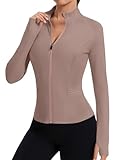 LOMON Women Workout Tops Workout Jackets for Woman Track Jacket Women Zip Up Long Sleeve Jacket Golf Shirt Light Brown S