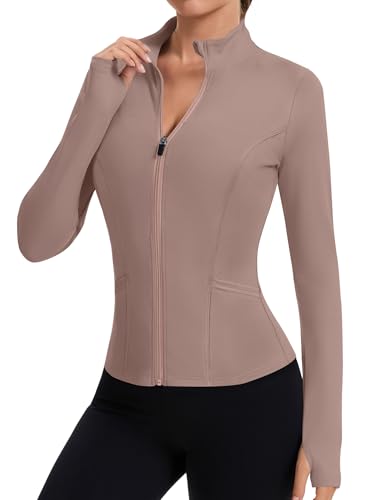 LOMON Women Workout Tops Workout Jackets for Woman Track Jacket Women Zip Up Long Sleeve Jacket Golf Shirt Light Brown S