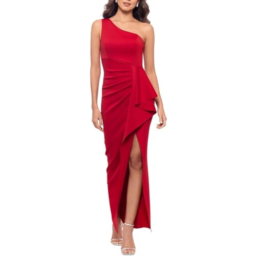 Amazon.com: XSCAPE Women's Long Scuba One Shoulder Ruffle, Red